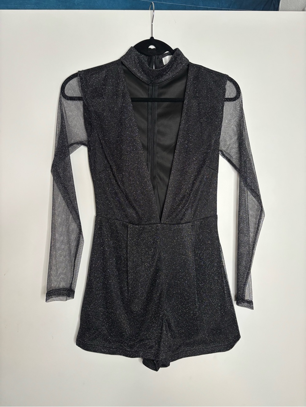 Missguided Black Glitter Mesh Long Sleeve Romper Top